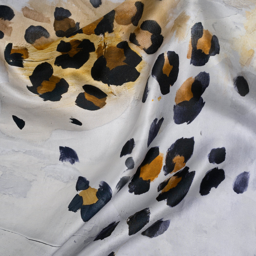 Light Silk Twill Print Made in Italy - Yellow Ochre, Brown and Black Painted Animal Spots - Deadstock Light Silk Twill Print Made in Italy - Yellow Ochre, Brown and Black Painted Animal Spots - Deadstock