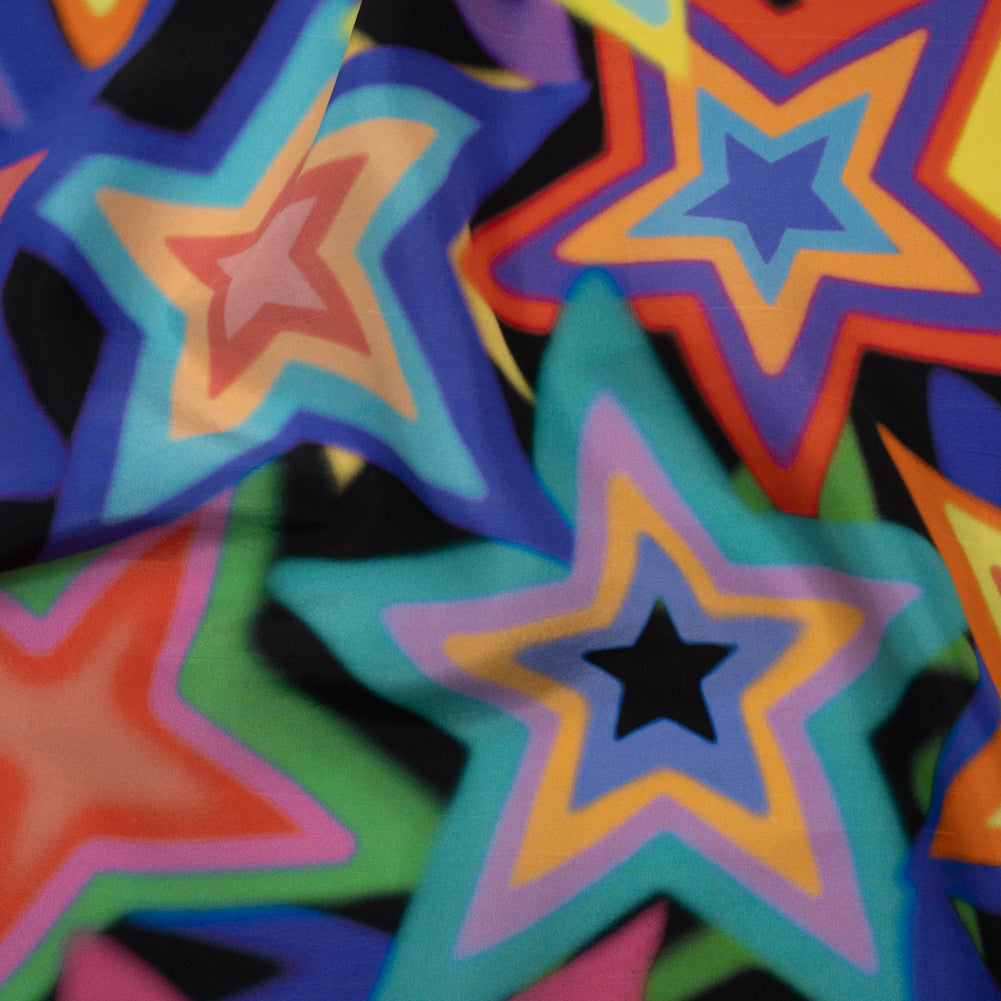 Lightweight Silk Poplin Print Made in Italy - Rainbow on Black Stars - Deadstock Lightweight Silk Poplin Print Made in Italy - Rainbow on Black Stars - Deadstock