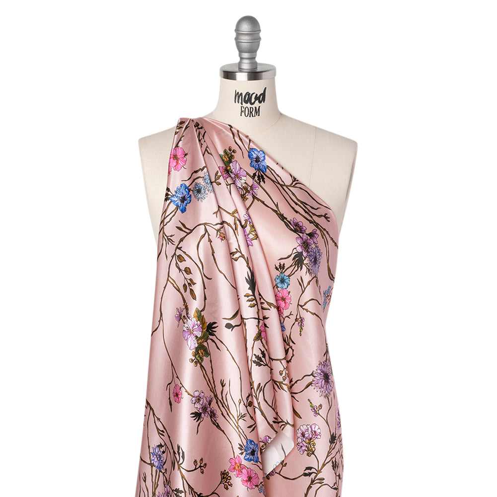 Silk Satin Print Made in Italy - Baby Pink, Purple and Brown Flowering Branches - Deadstock Silk Satin Print Made in Italy - Baby Pink, Purple and Brown Flowering Branches - Deadstock