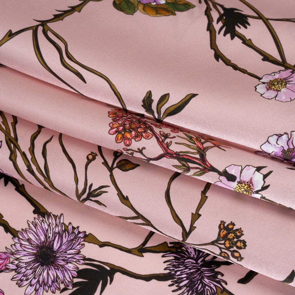 Silk Satin Print Made in Italy - Baby Pink, Purple and Brown Flowering Branches - Deadstock Silk Satin Print Made in Italy - Baby Pink, Purple and Brown Flowering Branches - Deadstock