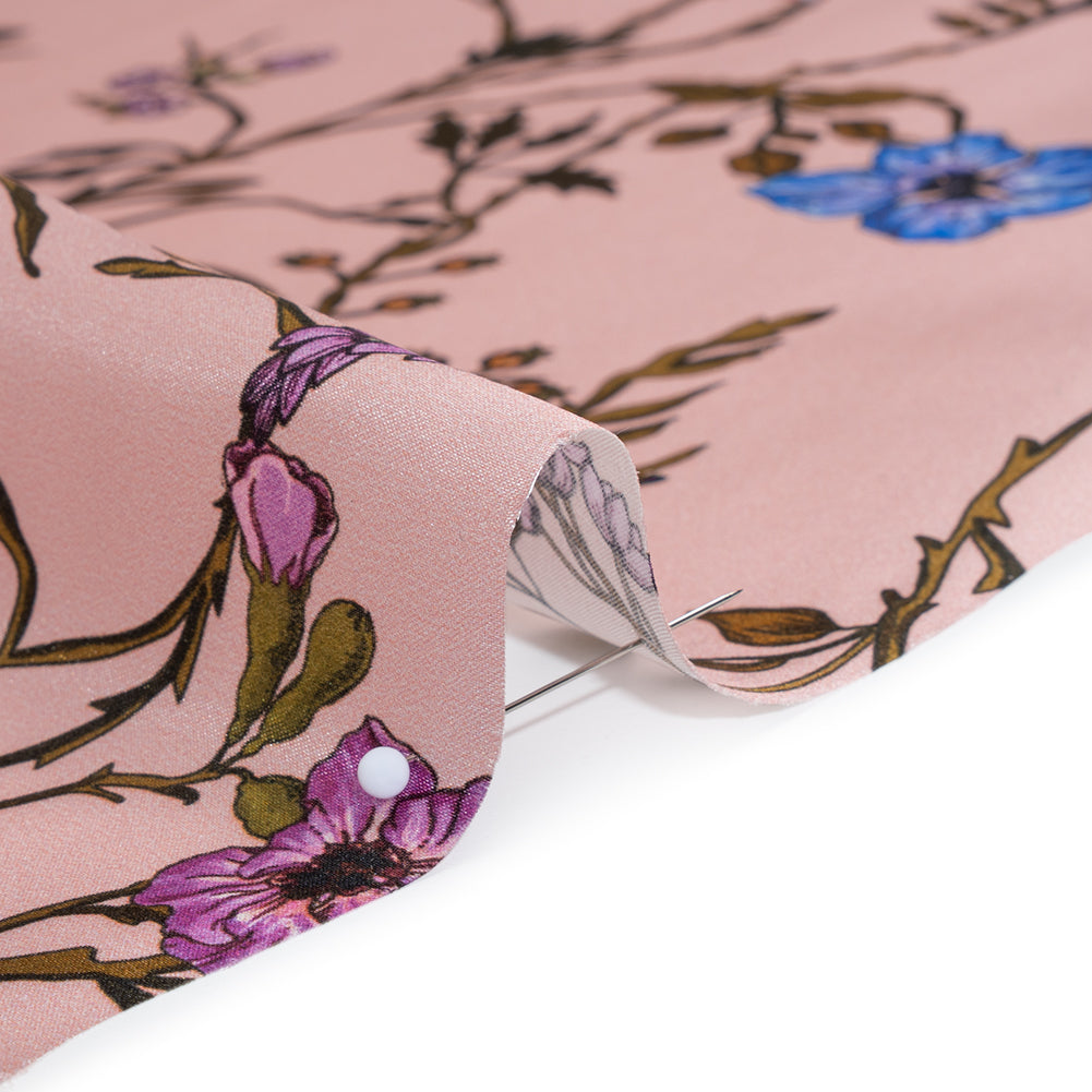 Silk Satin Print Made in Italy - Baby Pink, Purple and Brown Flowering Branches - Deadstock Silk Satin Print Made in Italy - Baby Pink, Purple and Brown Flowering Branches - Deadstock