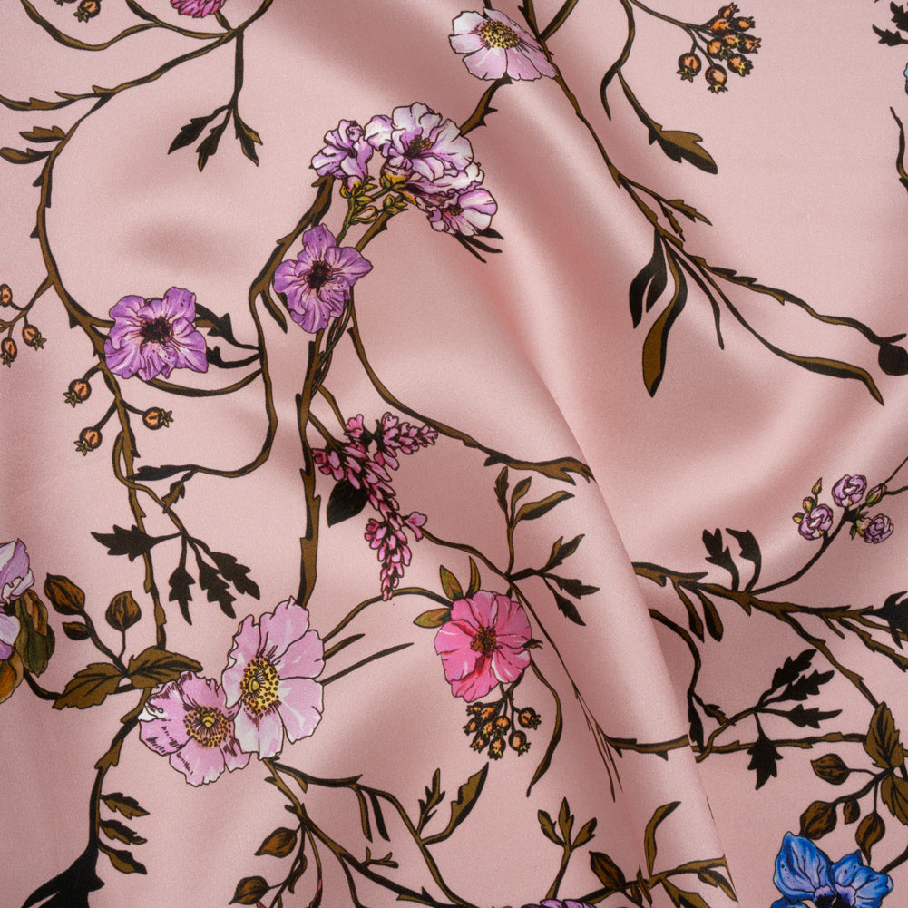 Silk Satin Print Made in Italy - Baby Pink, Purple and Brown Flowering Branches - Deadstock Silk Satin Print Made in Italy - Baby Pink, Purple and Brown Flowering Branches - Deadstock