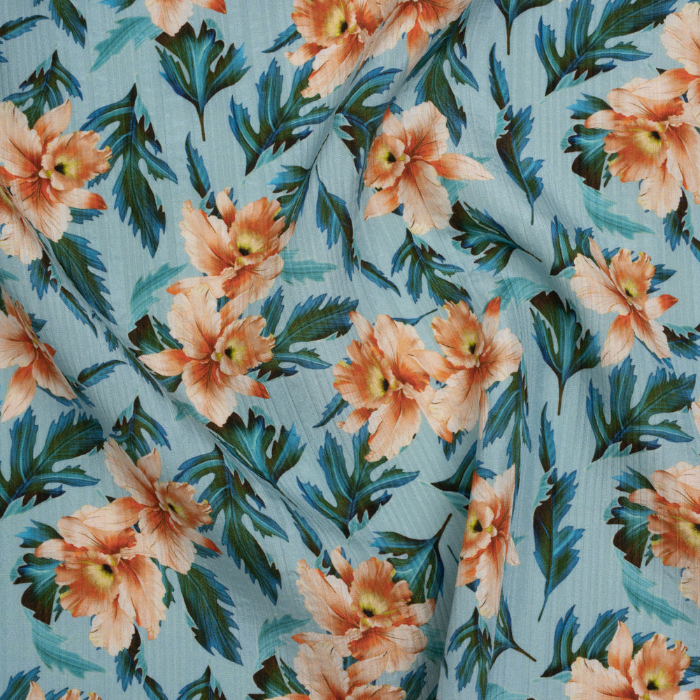Texture Stripe Silk Dobby Made in Italy - Sky Blue, Peach and Teal Flowers and Leaves - Deadstock Texture Stripe Silk Dobby Made in Italy - Sky Blue, Peach and Teal Flowers and Leaves - Deadstock