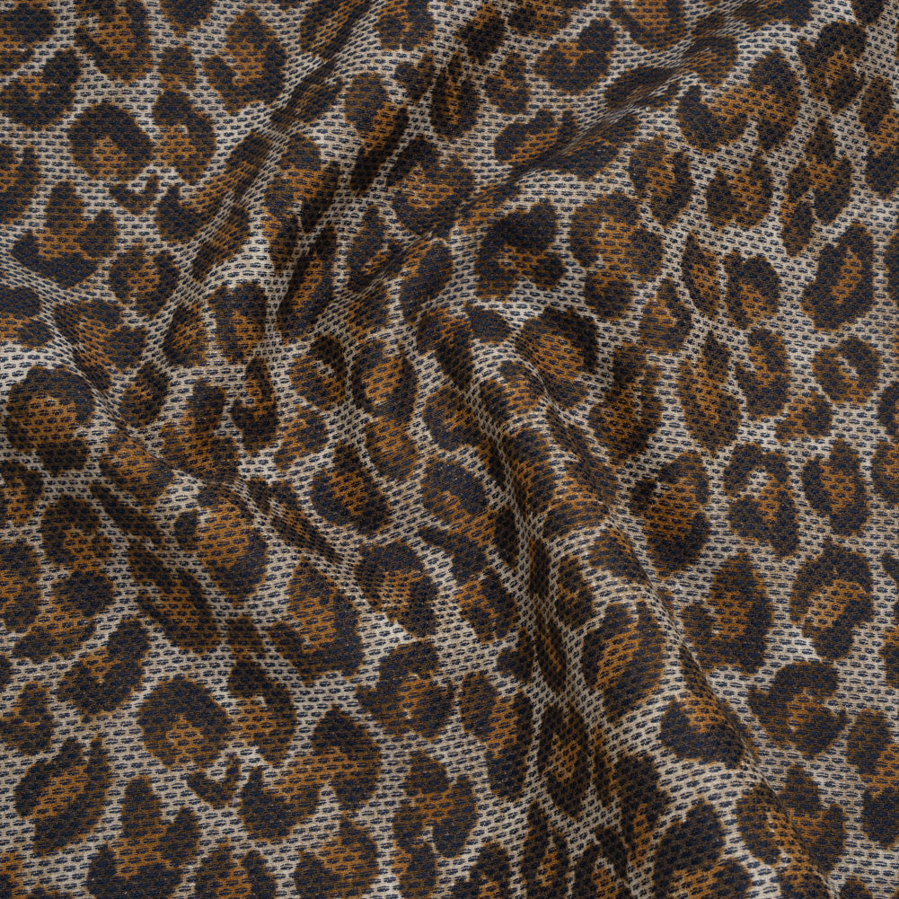 Cotton Birdseye Pique Print Made in Italy - Brown, Tan and Navy Cheetah Spots - Deadstock Cotton Birdseye Pique Print Made in Italy - Brown, Tan and Navy Cheetah Spots - Deadstock