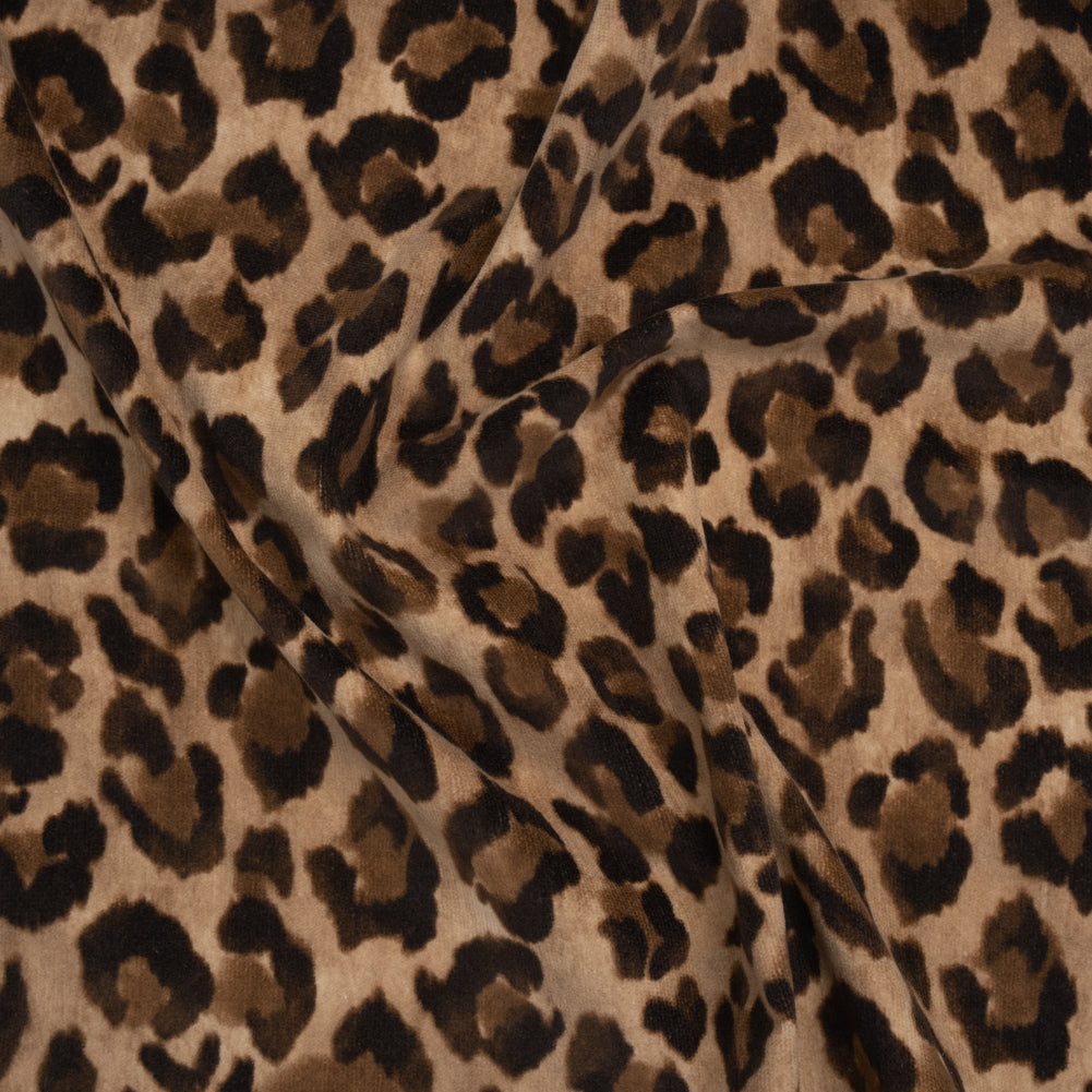 Stretch Cotton Velveteen Print Made in Italy - Tan, Brown and Black Cheetah Spots - Deadstock Stretch Cotton Velveteen Print Made in Italy - Tan, Brown and Black Cheetah Spots - Deadstock