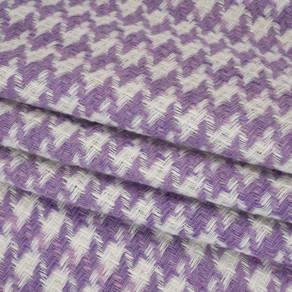 Metallic Wool Blend Tweed Twill Made in Italy - Silver, Light Purple and White Houndstooth - Deadstock Folded Metallic Wool Blend Tweed Twill Made in Italy - Silver, Light Purple and White Houndstooth - Deadstock Folded