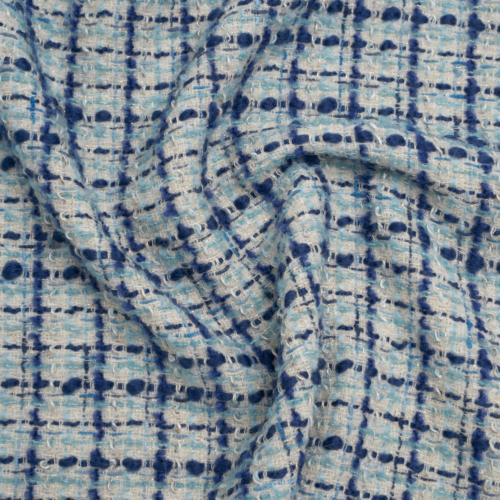 Metallic Wool Blend Boucle Tweed Made in Italy - White, Sky Blue and Cobalt Checks Metallic Wool Blend Boucle Tweed Made in Italy - White, Sky Blue and Cobalt Checks