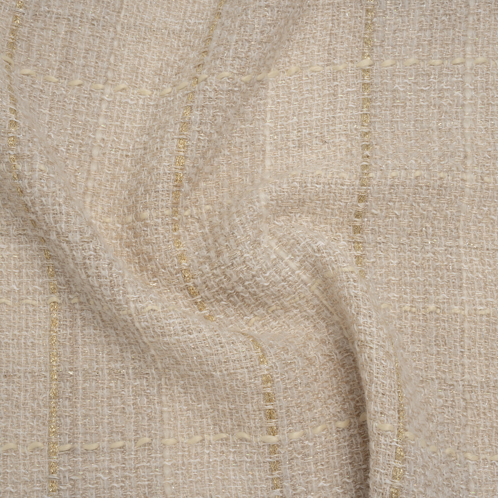 Metallic Wool Blend Tweed Made in Italy - Oatmeal, White and Gold Textured Windowpane Checks - Deadstock Metallic Wool Blend Tweed Made in Italy - Oatmeal, White and Gold Textured Windowpane Checks - Deadstock