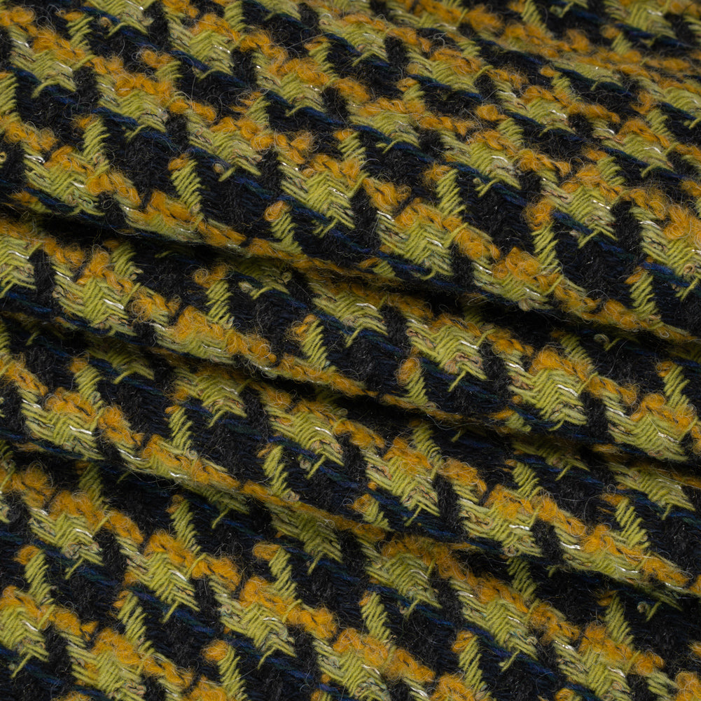 Metallic Wool Blend Tweed Boucle Twill Made in Italy - Forest Green, Lime and Mustard Yellow Houndstooth - Deadstock Folded Metallic Wool Blend Tweed Boucle Twill Made in Italy - Forest Green, Lime and Mustard Yellow Houndstooth - Deadstock Folded
