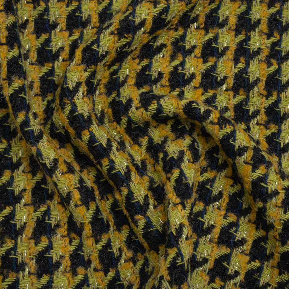 Metallic Wool Blend Tweed Boucle Twill Made in Italy - Forest Green, Lime and Mustard Yellow Houndstooth - Deadstock Metallic Wool Blend Tweed Boucle Twill Made in Italy - Forest Green, Lime and Mustard Yellow Houndstooth - Deadstock