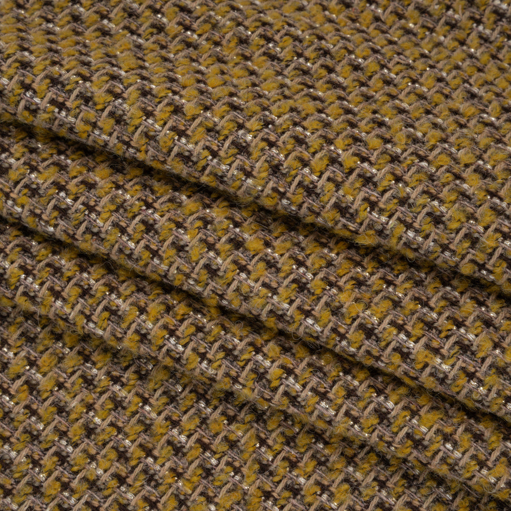 Metallic Tweedy Wool Blend Boucle Woven Made in Italy - Mustard Yellow, Brown and Gold Metallic Tweedy Wool Blend Boucle Woven Made in Italy - Mustard Yellow, Brown and Gold