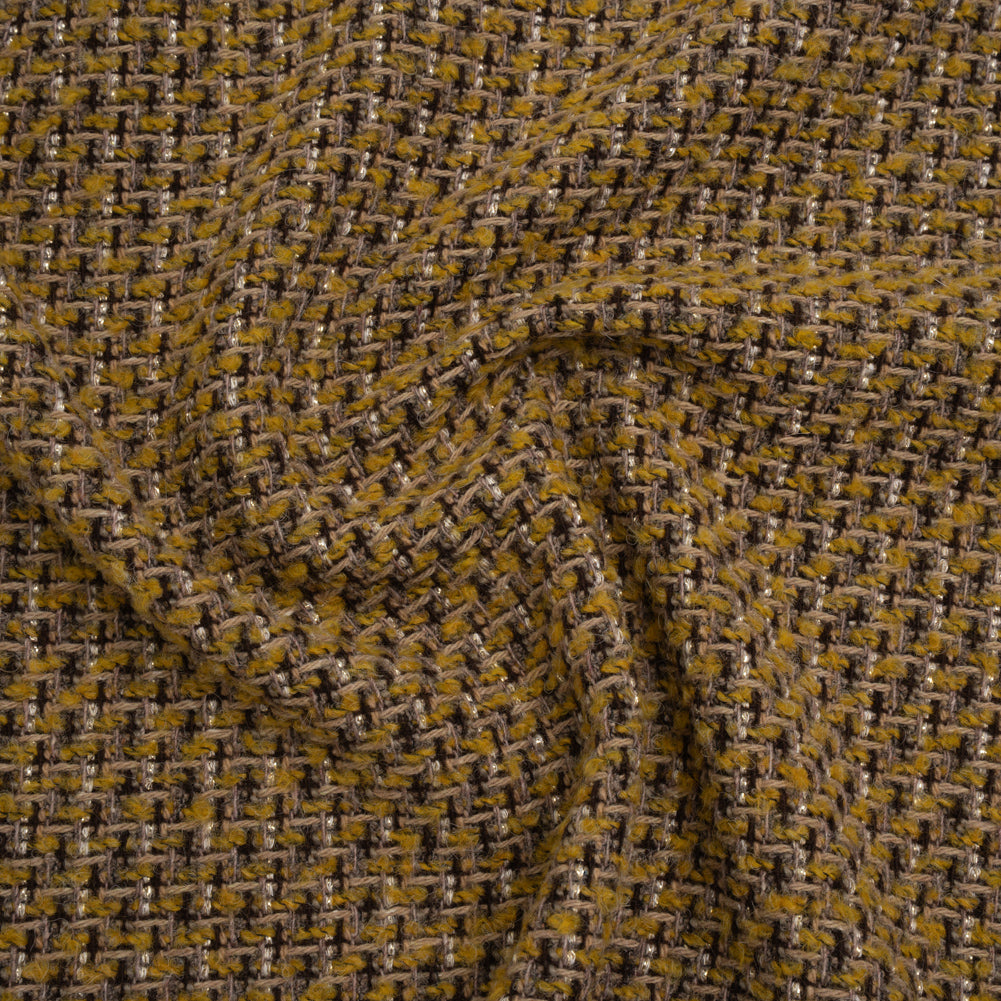 Metallic Tweedy Wool Blend Boucle Woven Made in Italy - Mustard Yellow, Brown and Gold Metallic Tweedy Wool Blend Boucle Woven Made in Italy - Mustard Yellow, Brown and Gold