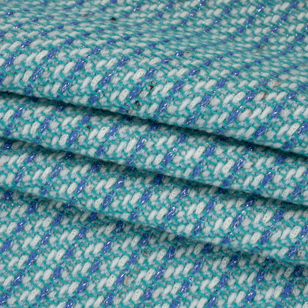 Metallic Wool Blend Tweed Made in Italy - Aqua, Blue and White Metallic Wool Blend Tweed Made in Italy - Aqua, Blue and White