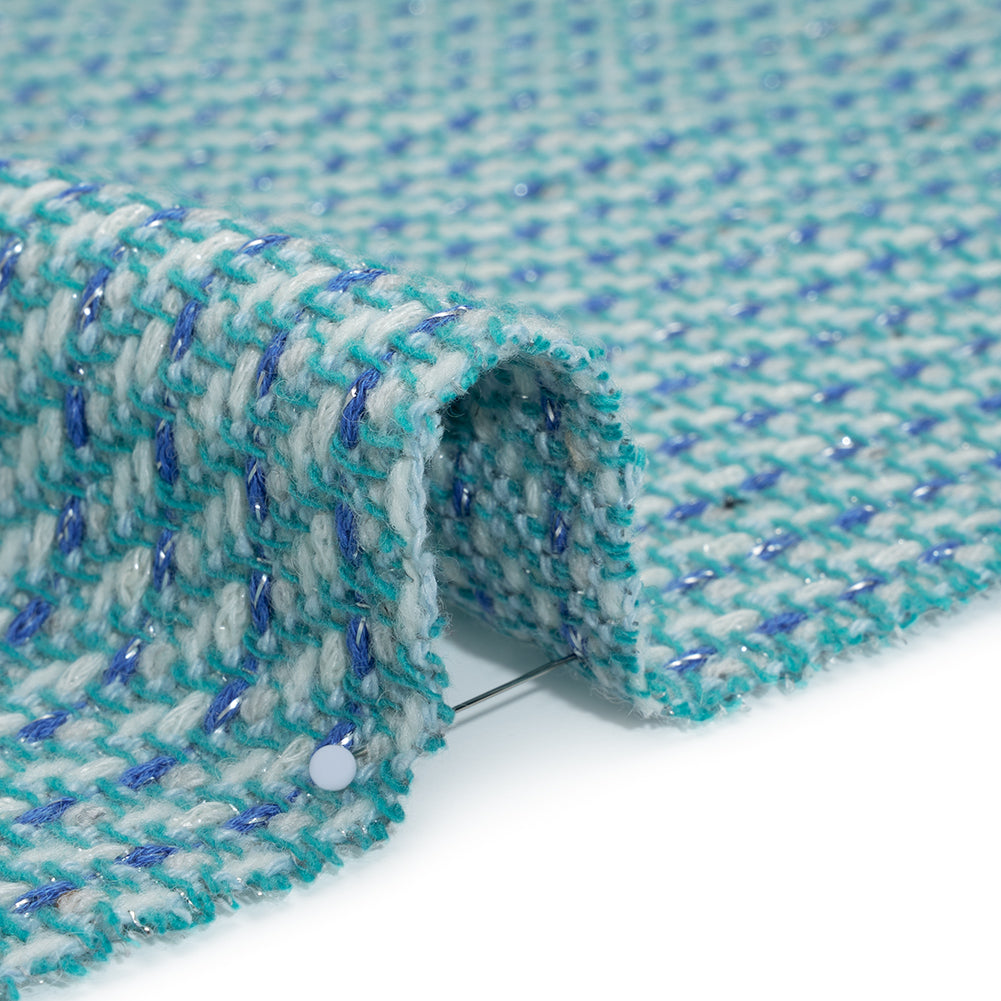Metallic Wool Blend Tweed Made in Italy - Aqua, Blue and White Metallic Wool Blend Tweed Made in Italy - Aqua, Blue and White