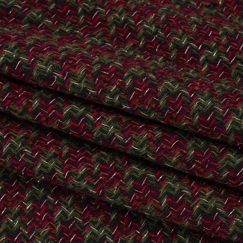 Metallic Wool Blend Tweed Twill Made in Italy - Olive Green, Dark Red and Gold Checks Metallic Wool Blend Tweed Twill Made in Italy - Olive Green, Dark Red and Gold Checks