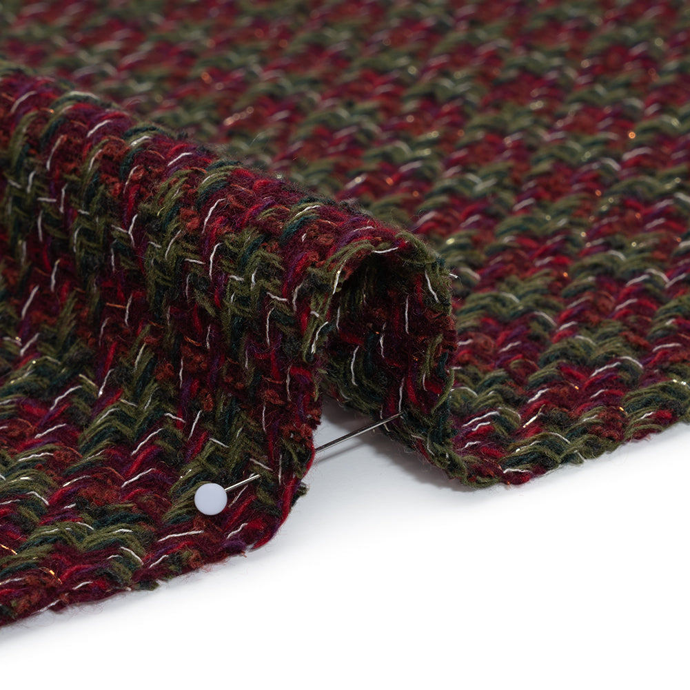 Metallic Wool Blend Tweed Twill Made in Italy - Olive Green, Dark Red and Gold Checks Metallic Wool Blend Tweed Twill Made in Italy - Olive Green, Dark Red and Gold Checks