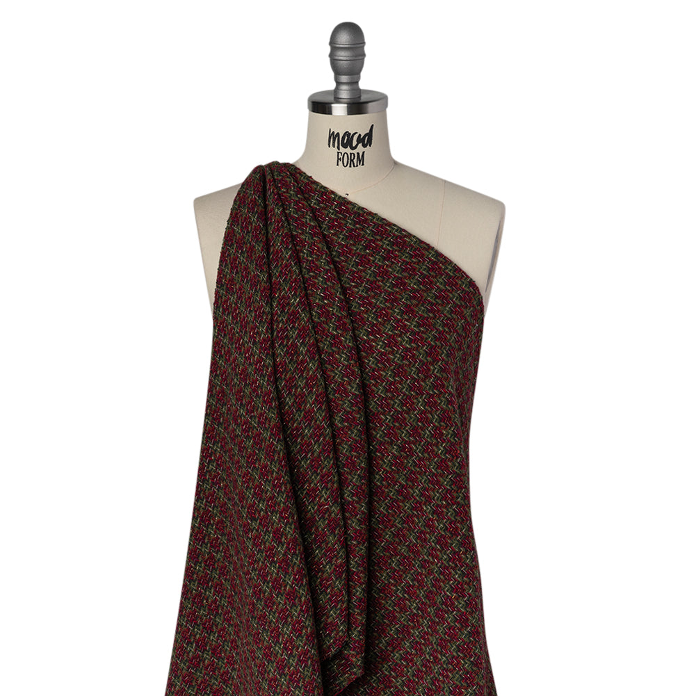 Metallic Wool Blend Tweed Twill Made in Italy - Olive Green, Dark Red and Gold Checks Metallic Wool Blend Tweed Twill Made in Italy - Olive Green, Dark Red and Gold Checks