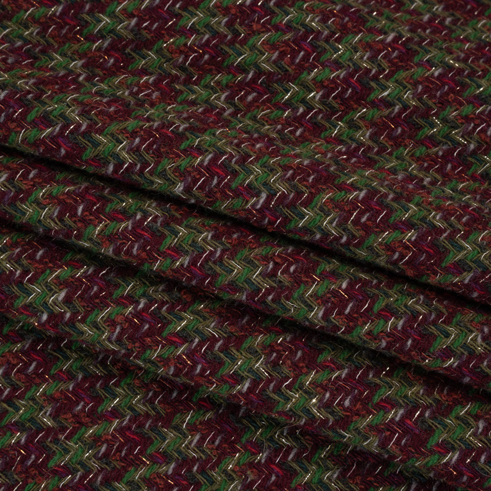 Metallic Wool Blend Tweed Twill Made in Italy - Bright Green, Burgundy and Gold Checks - Folded Metallic Wool Blend Tweed Twill Made in Italy - Bright Green, Burgundy and Gold Checks - Folded