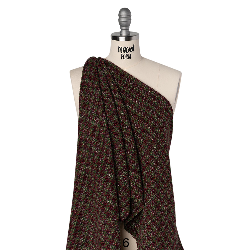 Metallic Wool Blend Tweed Twill Made in Italy - Bright Green, Burgundy and Gold Checks - Drape Metallic Wool Blend Tweed Twill Made in Italy - Bright Green, Burgundy and Gold Checks - Drape
