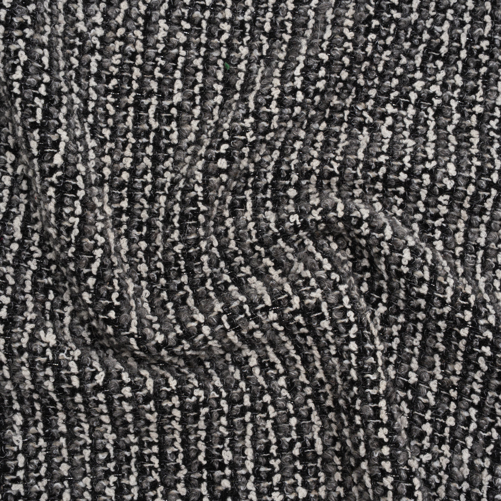 Metallic Wool Blend Boucle Coating Made in Italy - Gray, White and Silver Tweedy Stripes Metallic Wool Blend Boucle Coating Made in Italy - Gray, White and Silver Tweedy Stripes