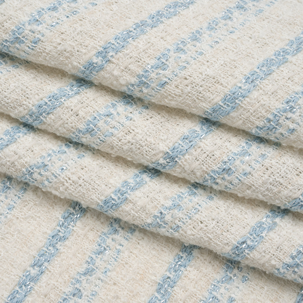 Metallic Wool Blend Loosely Woven Tweed Made in Italy - Off White, Baby Blue and Silver Stripes Metallic Wool Blend Loosely Woven Tweed Made in Italy - Off White, Baby Blue and Silver Stripes
