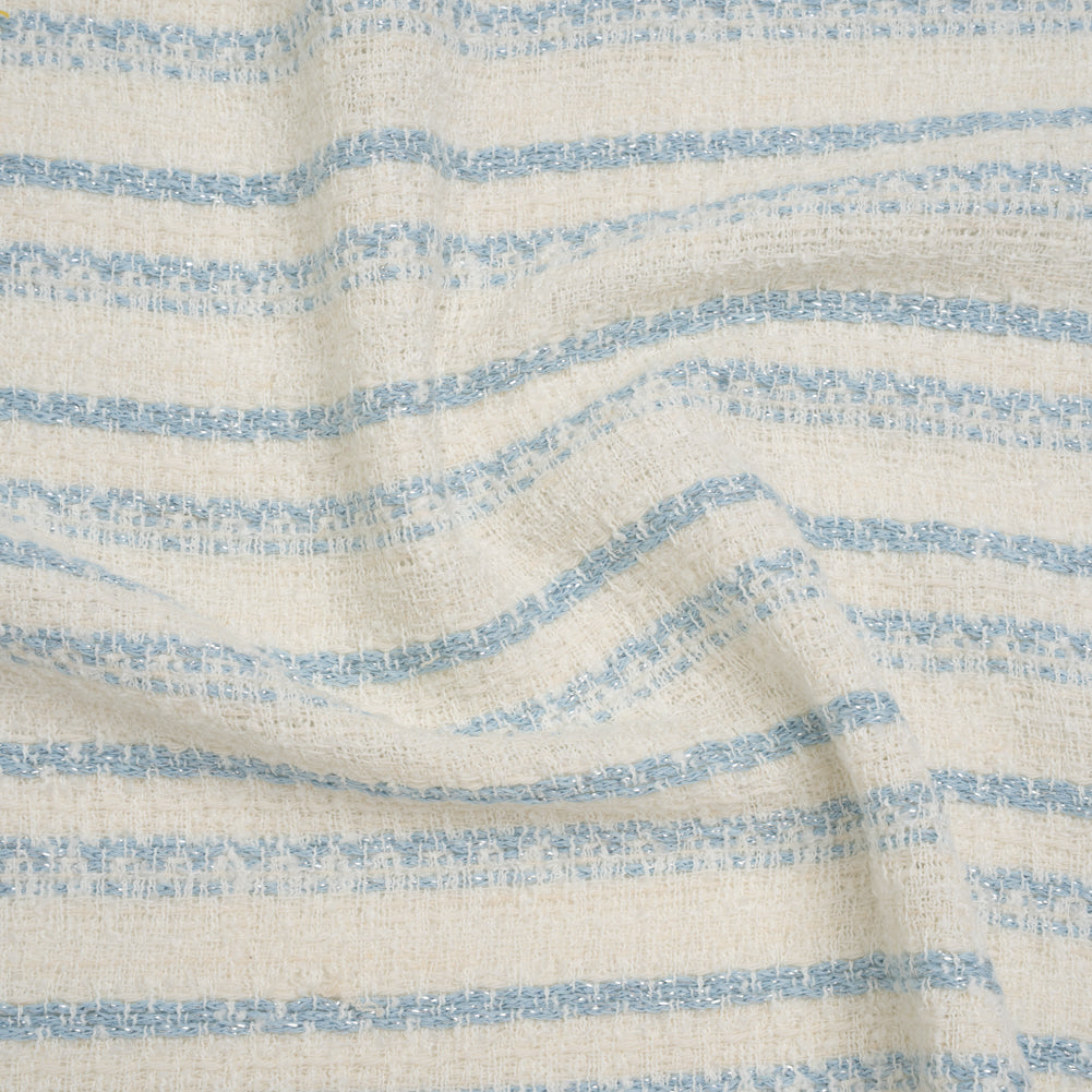 Metallic Wool Blend Loosely Woven Tweed Made in Italy - Off White, Baby Blue and Silver Stripes Metallic Wool Blend Loosely Woven Tweed Made in Italy - Off White, Baby Blue and Silver Stripes