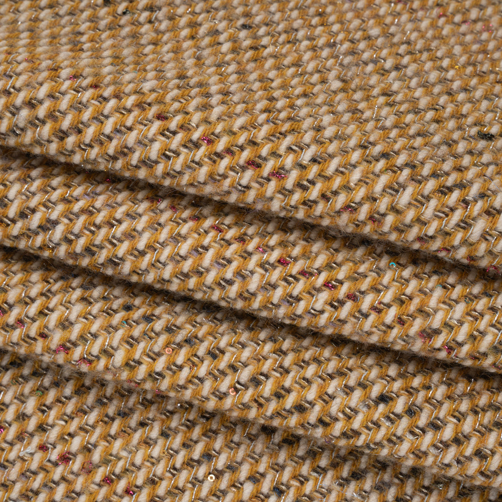 Metallic Wool Blend Tweed Twill Made in Italy - Mustard Yellow, White and Pink Abstract with Baby Sequins Metallic Wool Blend Tweed Twill Made in Italy - Mustard Yellow, White and Pink Abstract with Baby Sequins