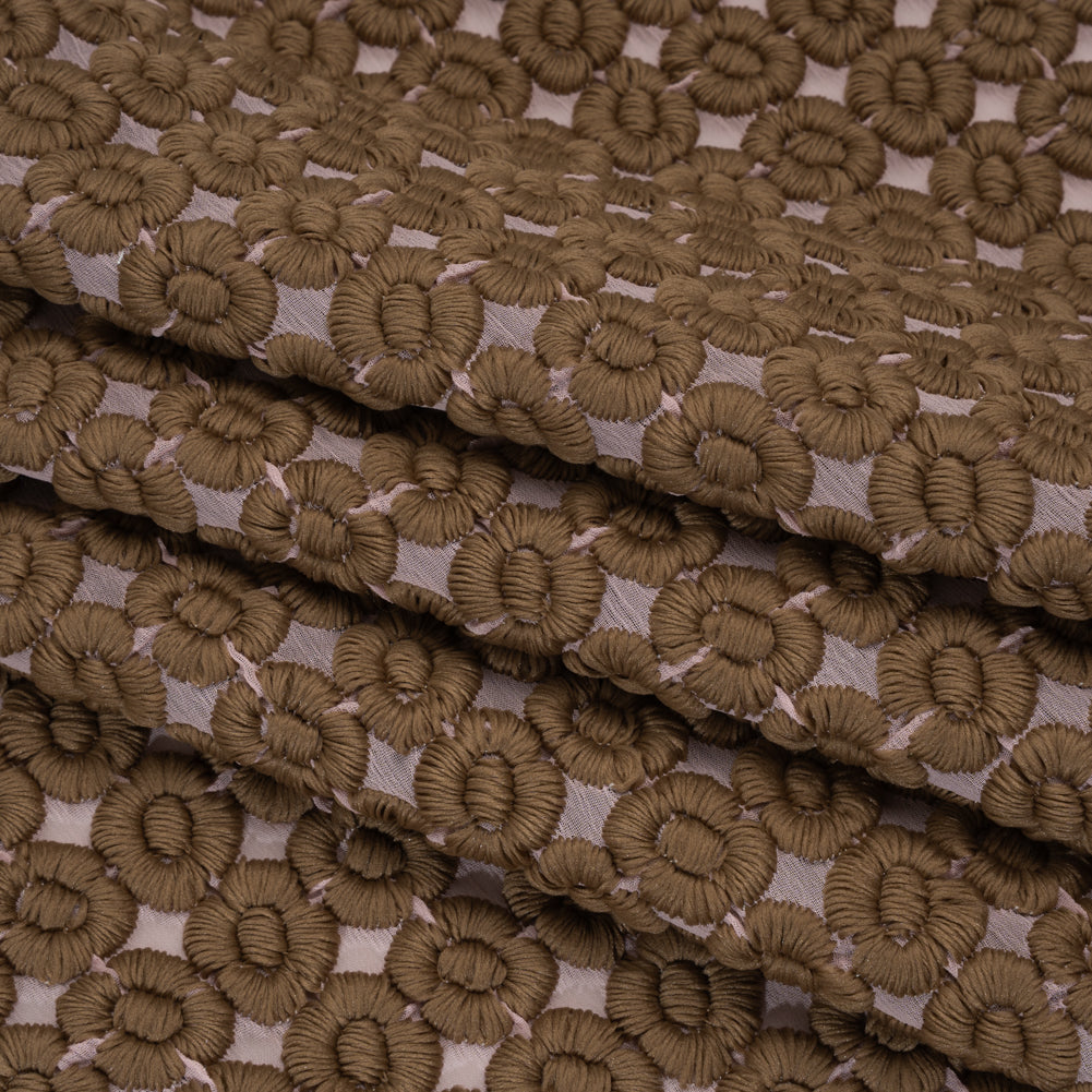 Heavily Embroidered Polyester Crinkled Chiffon - Pink and Brown Flower Dots - Folded Heavily Embroidered Polyester Crinkled Chiffon - Pink and Brown Flower Dots - Folded