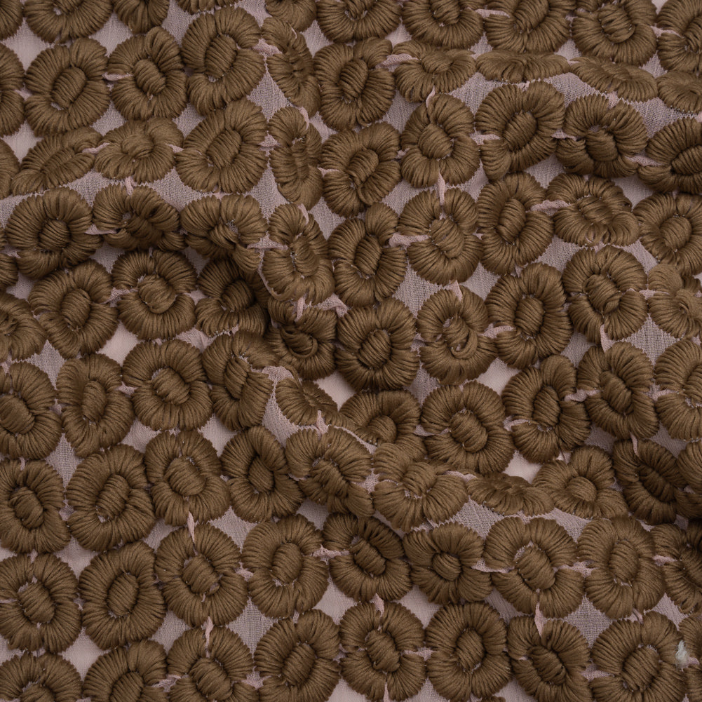 Heavily Embroidered Polyester Crinkled Chiffon - Pink and Brown Flower Dots Heavily Embroidered Polyester Crinkled Chiffon - Pink and Brown Flower Dots