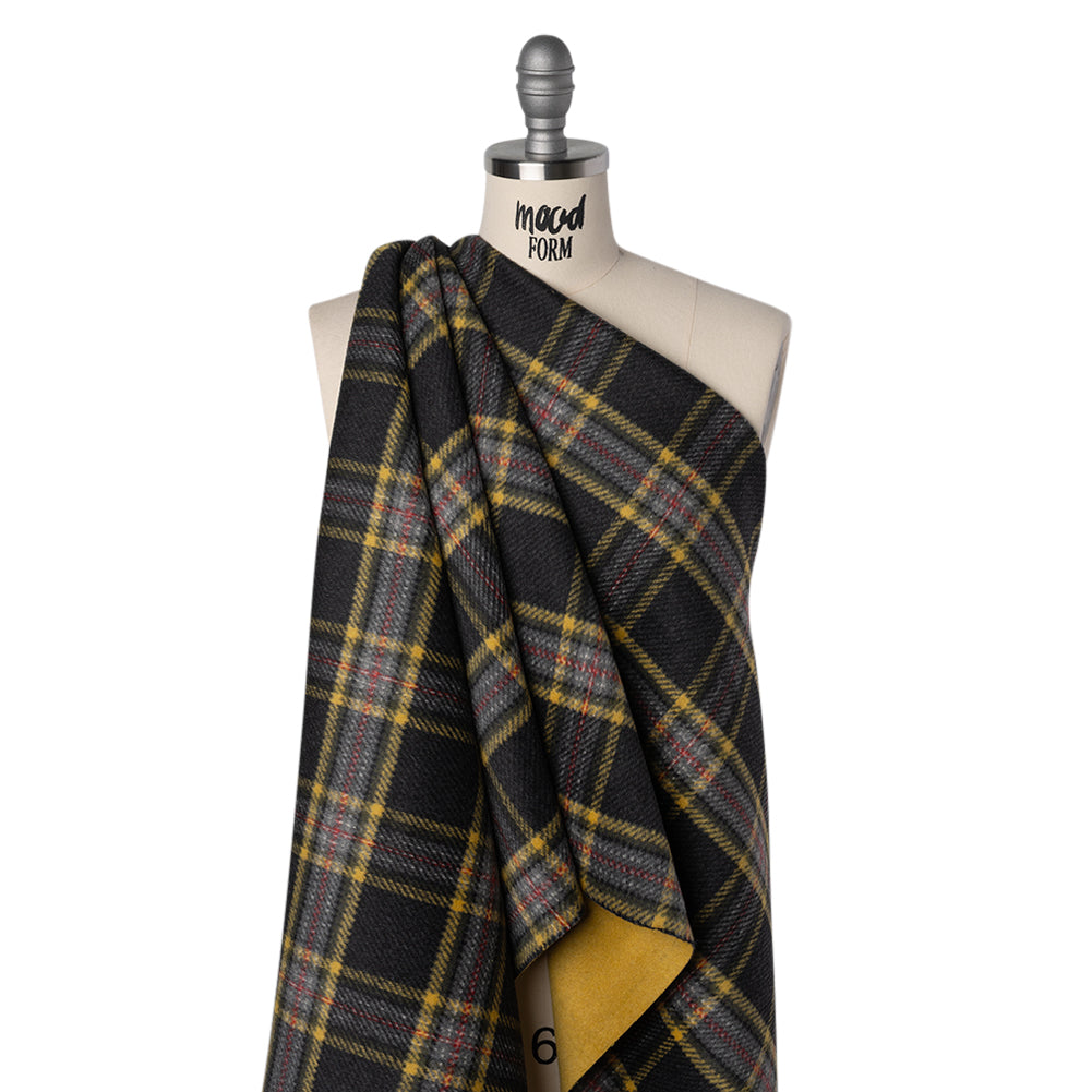 Brushed Wool Double Cloth Coating - Yellow Ochre, Black and Red Plaid and Yellow Solid - Deadstock - Drape Brushed Wool Double Cloth Coating - Yellow Ochre, Black and Red Plaid and Yellow Solid - Deadstock - Drape