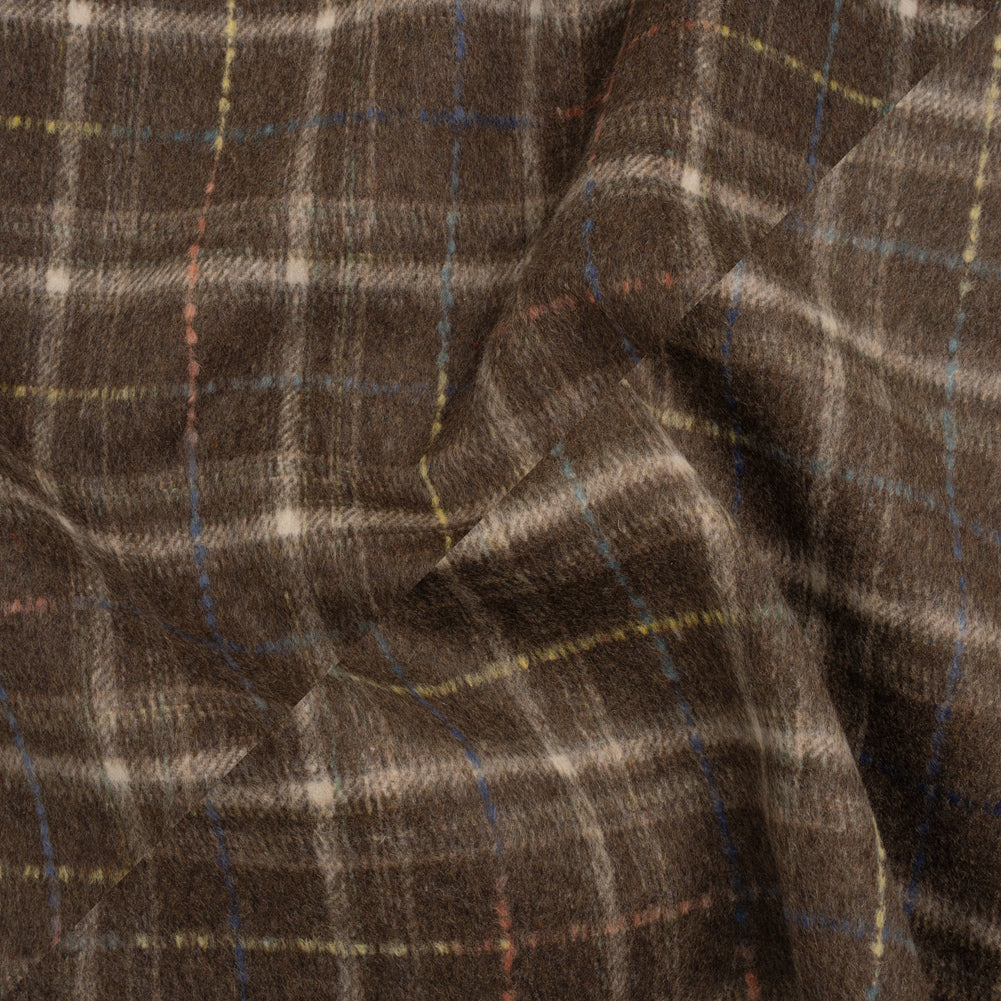 Brushed Wool Double Cloth Coating - Brown, Cream and Blue Plaid - Deadstock Brushed Wool Double Cloth Coating - Brown, Cream and Blue Plaid - Deadstock