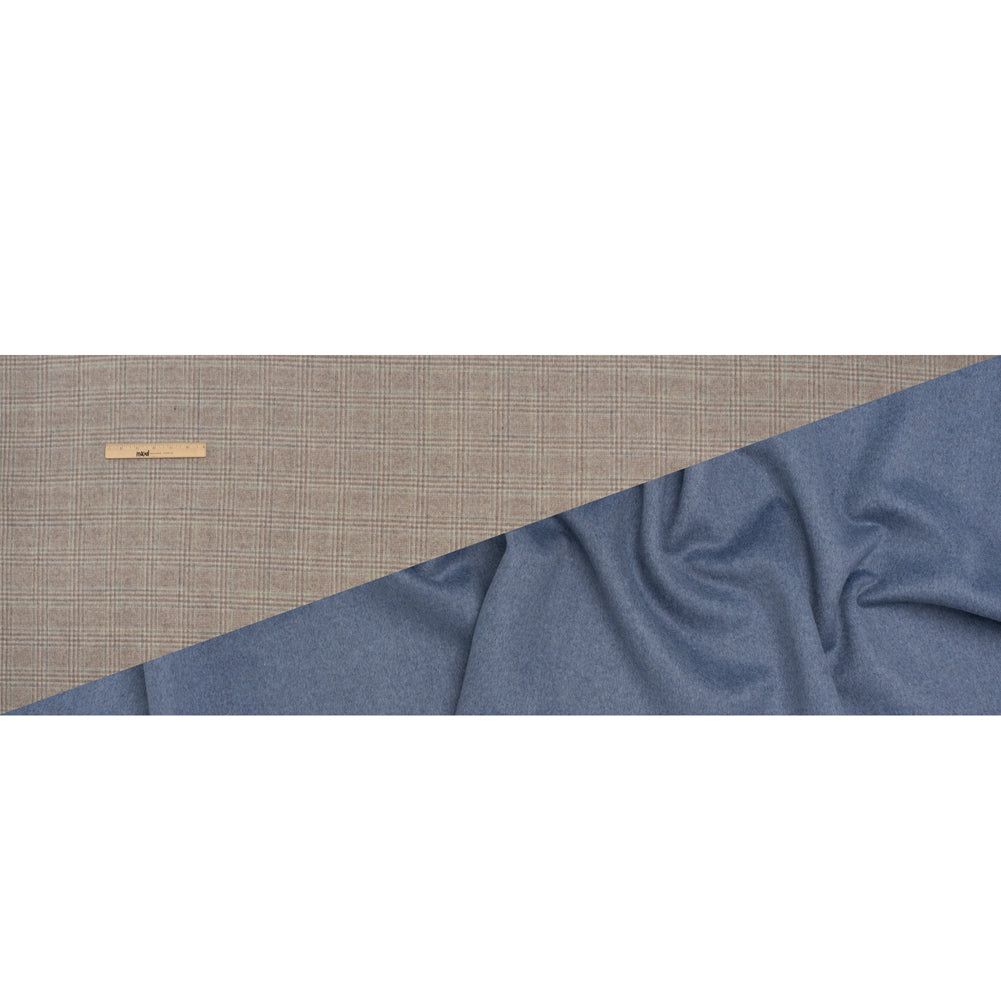 Brushed Wool Double Cloth Coating - Beige, Brown and Green Glen Plaid and Muted Blue Heathered - Deadstock Brushed Wool Double Cloth Coating - Beige, Brown and Green Glen Plaid and Muted Blue Heathered - Deadstock