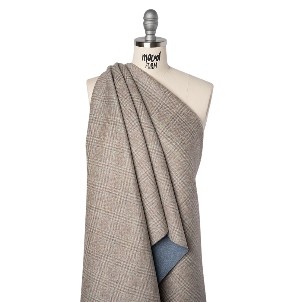 Brushed Wool Double Cloth Coating - Beige, Brown and Green Glen Plaid and Muted Blue Heathered - Deadstock Brushed Wool Double Cloth Coating - Beige, Brown and Green Glen Plaid and Muted Blue Heathered - Deadstock