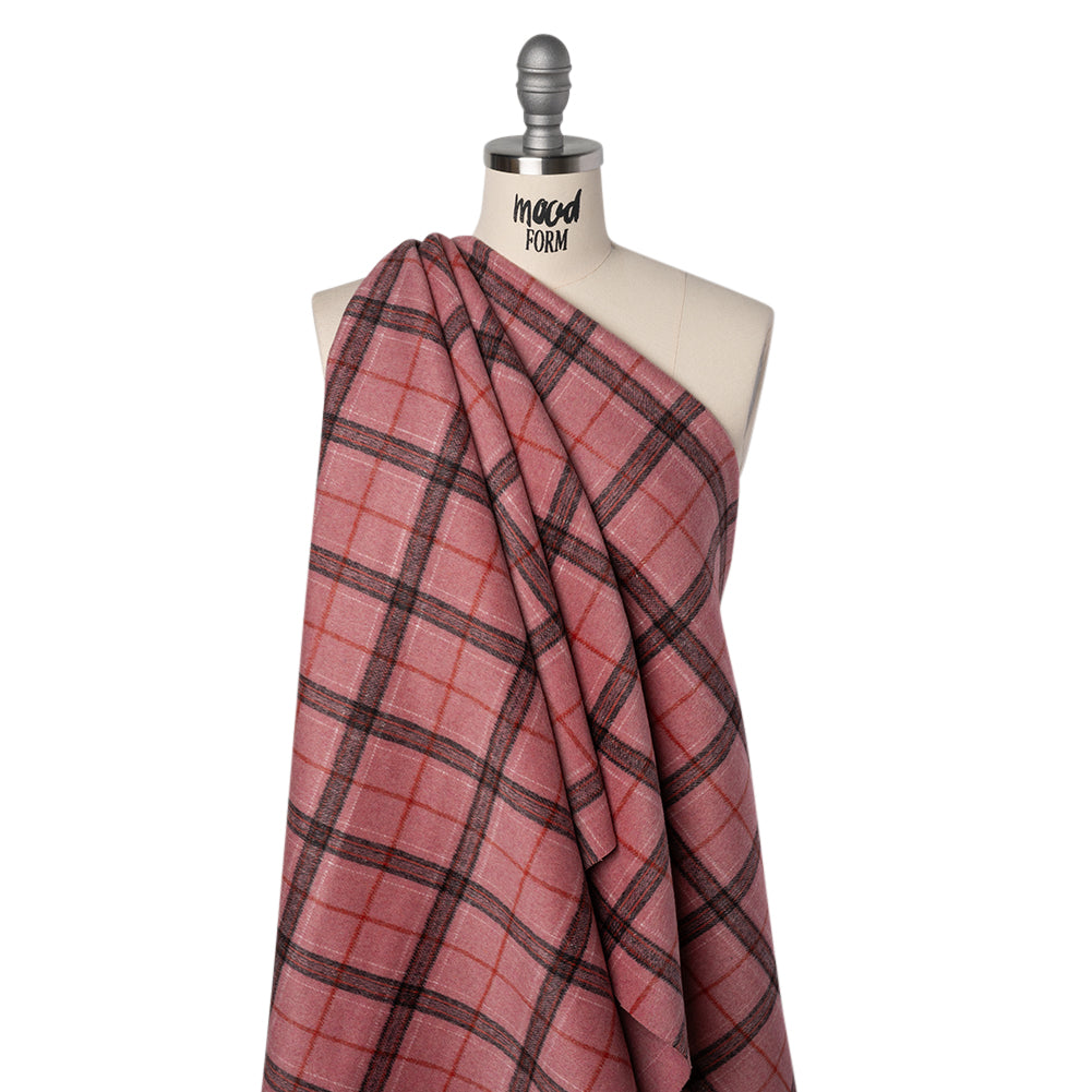 Brushed Wool Double Cloth Coating - Strawberry Pink, Charcoal and Red Plaid and Pink Heathered - Deadstock Drape Brushed Wool Double Cloth Coating - Strawberry Pink, Charcoal and Red Plaid and Pink Heathered - Deadstock Drape