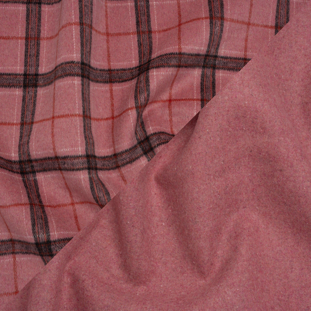 Brushed Wool Double Cloth Coating - Strawberry Pink, Charcoal and Red Plaid and Pink Heathered - Deadstock Brushed Wool Double Cloth Coating - Strawberry Pink, Charcoal and Red Plaid and Pink Heathered - Deadstock