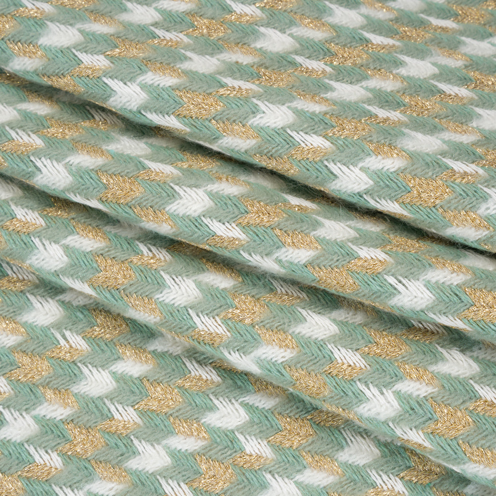 Metallic Wool and Acrylic Tweed Twill - Mint Green, Gold and White Geometric - Deadstock Metallic Wool and Acrylic Tweed Twill - Mint Green, Gold and White Geometric - Deadstock