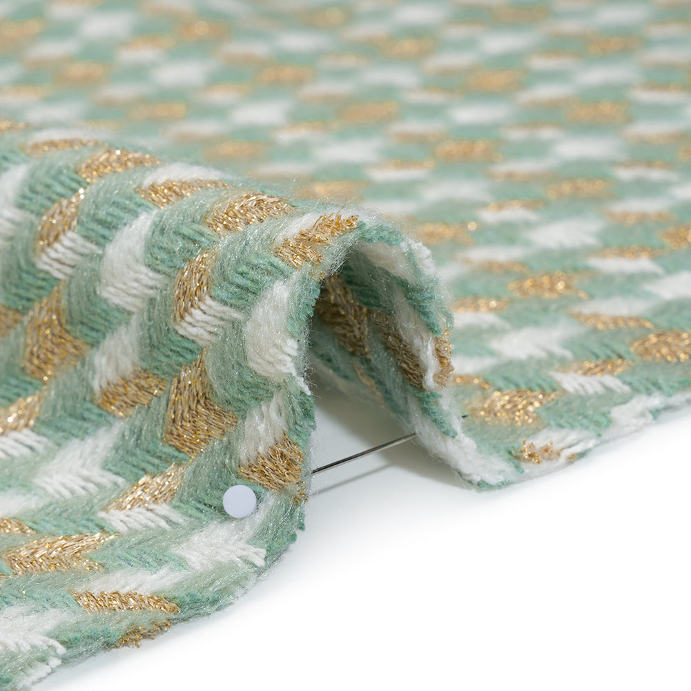 Metallic Wool and Acrylic Tweed Twill - Mint Green, Gold and White Geometric - Deadstock Metallic Wool and Acrylic Tweed Twill - Mint Green, Gold and White Geometric - Deadstock