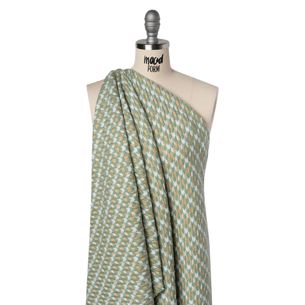 Metallic Wool and Acrylic Tweed Twill - Mint Green, Gold and White Geometric - Deadstock Metallic Wool and Acrylic Tweed Twill - Mint Green, Gold and White Geometric - Deadstock