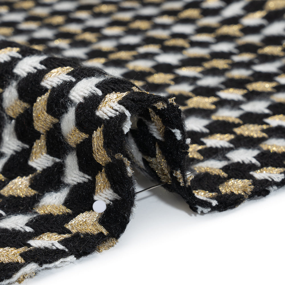 Metallic Wool and Acrylic Tweed Twill - Black, Gold and White Geometric - Deadstock Metallic Wool and Acrylic Tweed Twill - Black, Gold and White Geometric - Deadstock