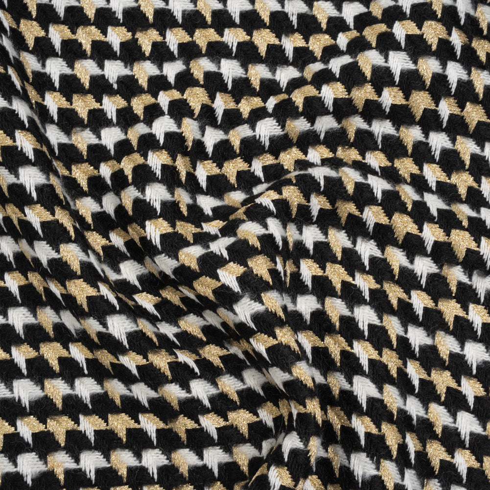 Metallic Wool and Acrylic Tweed Twill - Black, Gold and White Geometric - Deadstock Metallic Wool and Acrylic Tweed Twill - Black, Gold and White Geometric - Deadstock