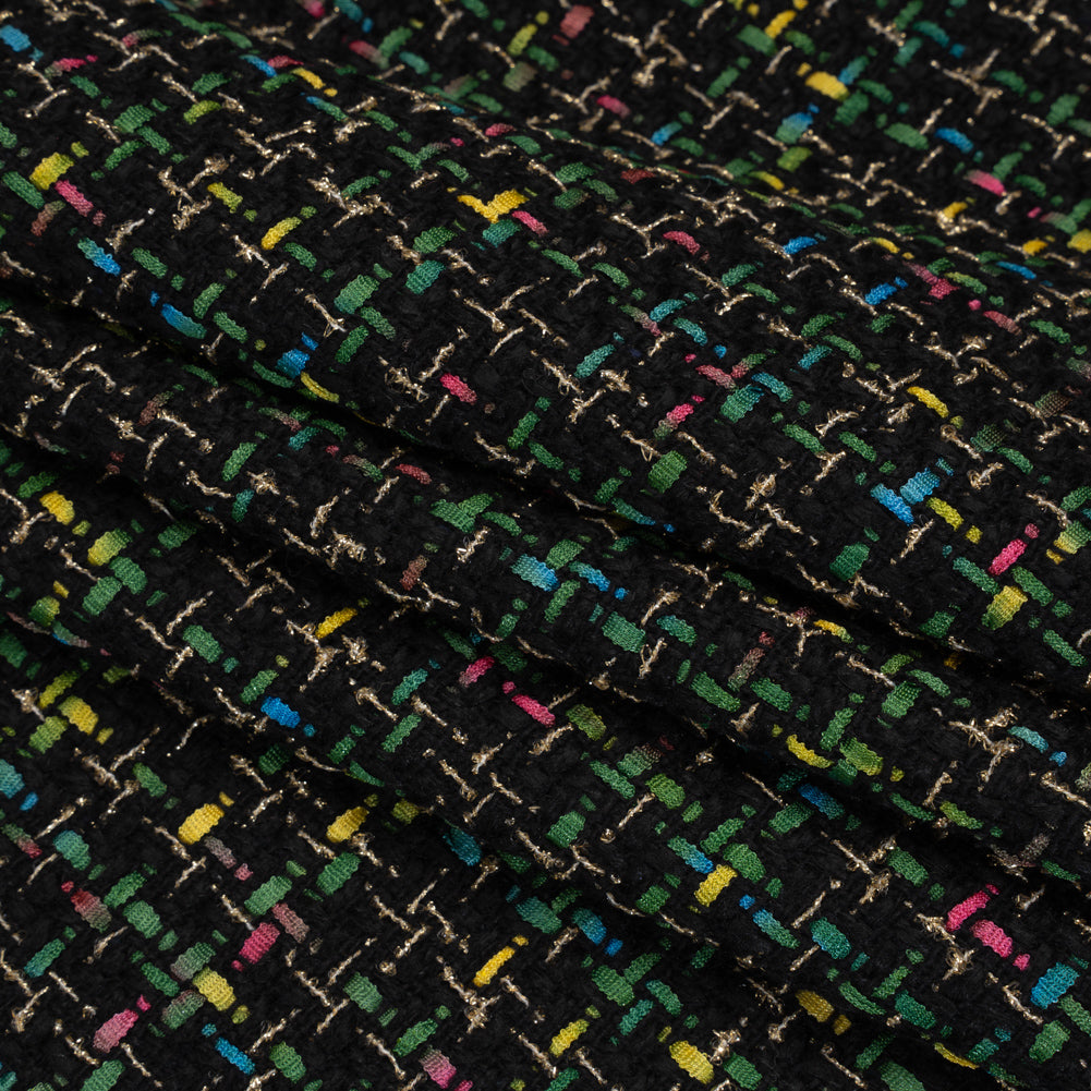 Metallic Acrylic and Wool Tweed - Black, Green and Gold - Deadstock Folded Metallic Acrylic and Wool Tweed - Black, Green and Gold - Deadstock Folded