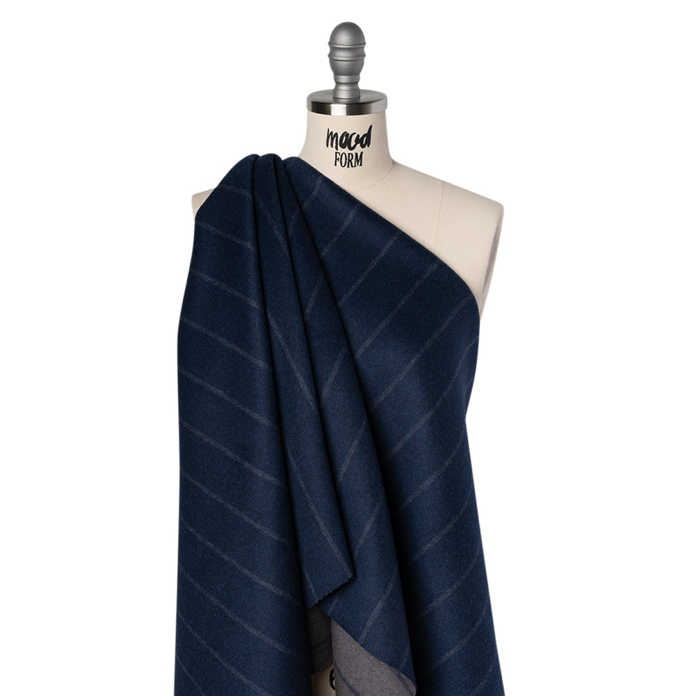 Brushed Wool Double Cloth Coating - Navy Blue and Gray Chalk Stripes - Deadstock Brushed Wool Double Cloth Coating - Navy Blue and Gray Chalk Stripes - Deadstock