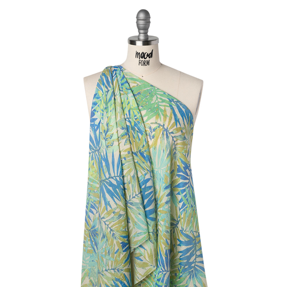 Slubbed Polyester and Rayon Woven - Blue, Green and Beige Palm Leaves - Designer Deadstock Drape Slubbed Polyester and Rayon Woven - Blue, Green and Beige Palm Leaves - Designer Deadstock Drape
