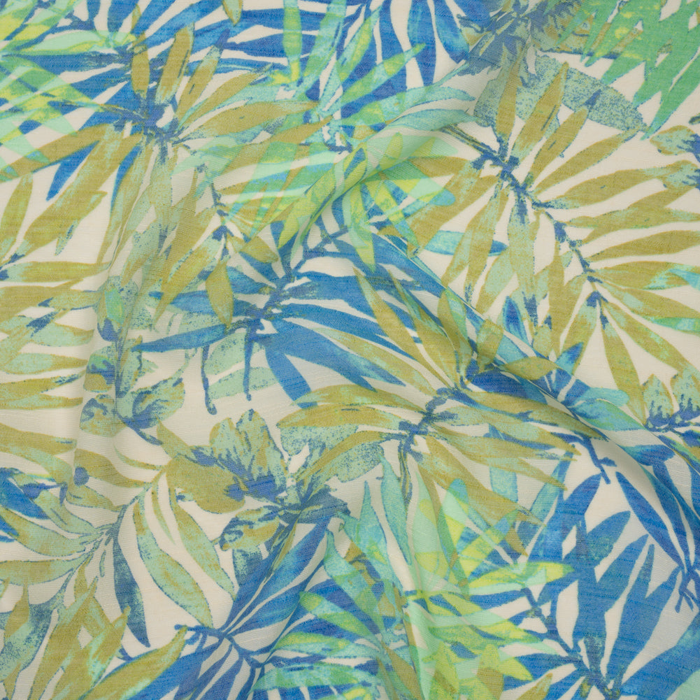 Slubbed Polyester and Rayon Woven - Blue, Green and Beige Palm Leaves - Designer Deadstock Slubbed Polyester and Rayon Woven - Blue, Green and Beige Palm Leaves - Designer Deadstock