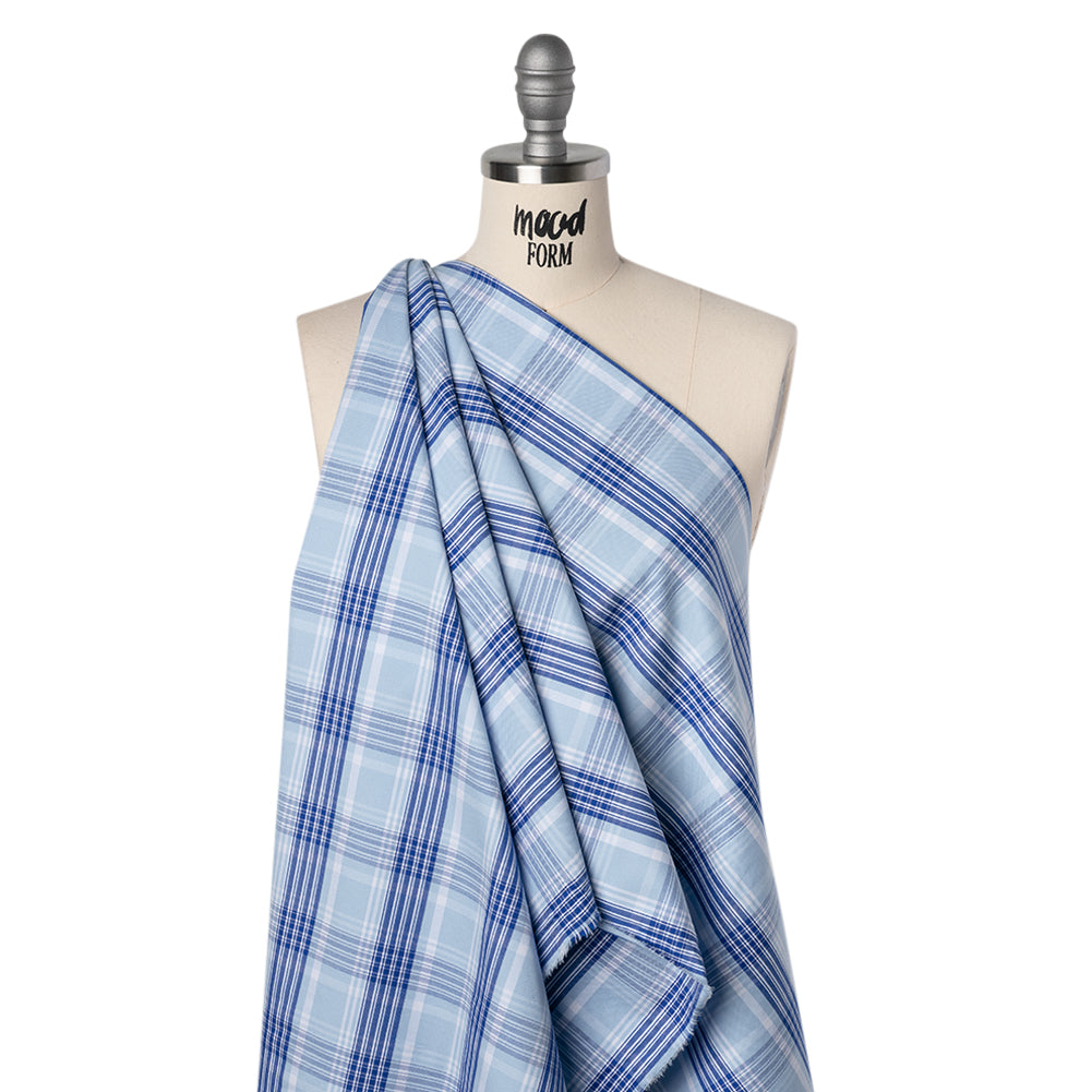 Cotton Oxford Shirting - Sky and Cobalt Blue Plaid - Deadstock Drape Cotton Oxford Shirting - Sky and Cobalt Blue Plaid - Deadstock Drape