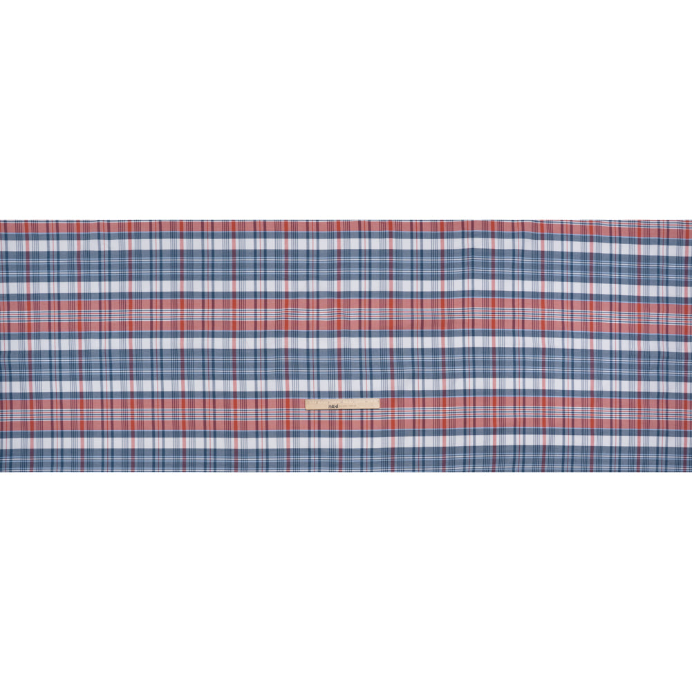 Cotton Oxford Shirting - Classic Blue, Cherry Tomato and White Plaid - Deadstock Cotton Oxford Shirting - Classic Blue, Cherry Tomato and White Plaid - Deadstock