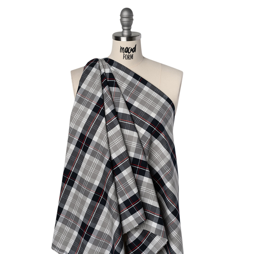 Cotton Oxford Shirting - Warm Gray, Cool Black and Red Plaid - Deadstock Cotton Oxford Shirting - Warm Gray, Cool Black and Red Plaid - Deadstock