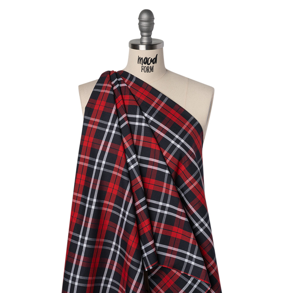 Cotton Oxford Shirting - Navy Blue, Red and White Plaid - Deadstock - Drape Cotton Oxford Shirting - Navy Blue, Red and White Plaid - Deadstock - Drape