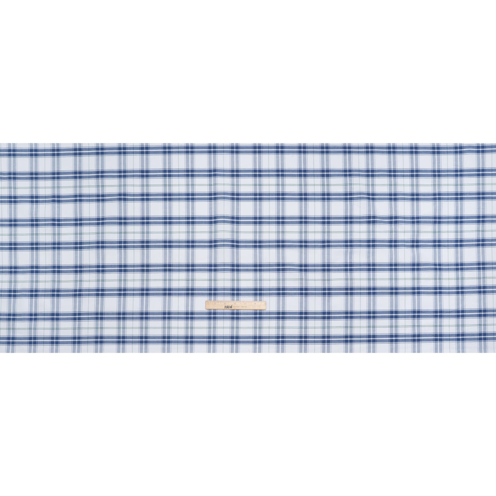 Cotton Oxford Shirting - Classic Blue, White and Leaf Green Plaid - Deadstock Cotton Oxford Shirting - Classic Blue, White and Leaf Green Plaid - Deadstock