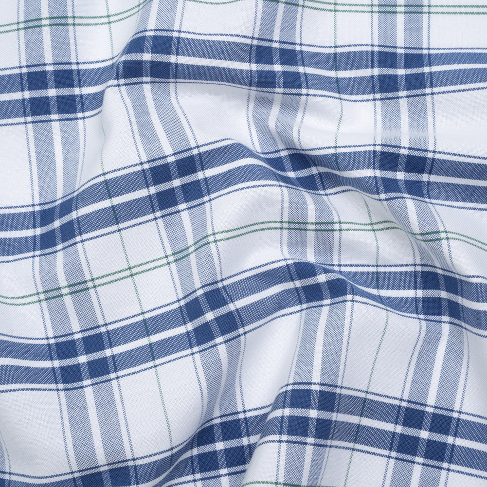 Cotton Oxford Shirting - Classic Blue, White and Leaf Green Plaid - Deadstock Cotton Oxford Shirting - Classic Blue, White and Leaf Green Plaid - Deadstock